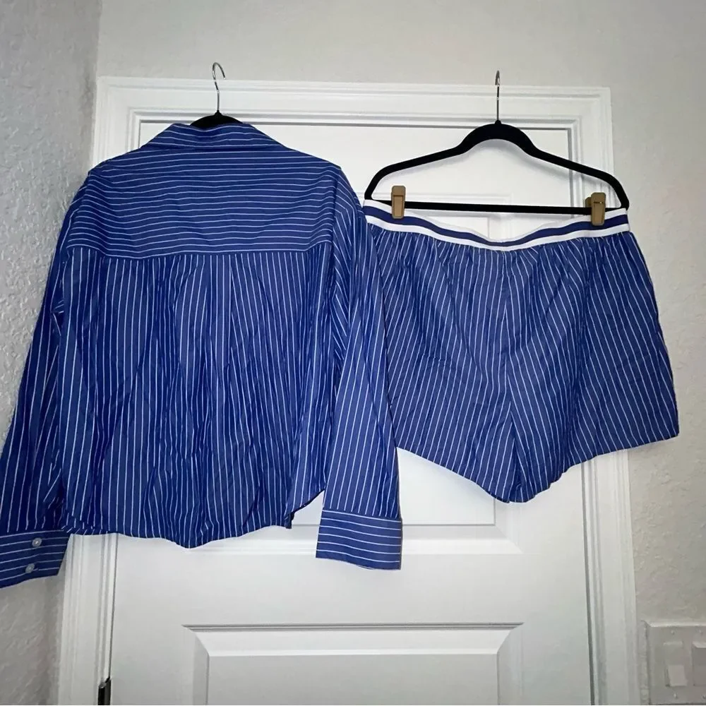 New, Caroline Constas Stripe Print Shirt and Short Sleepwear Set